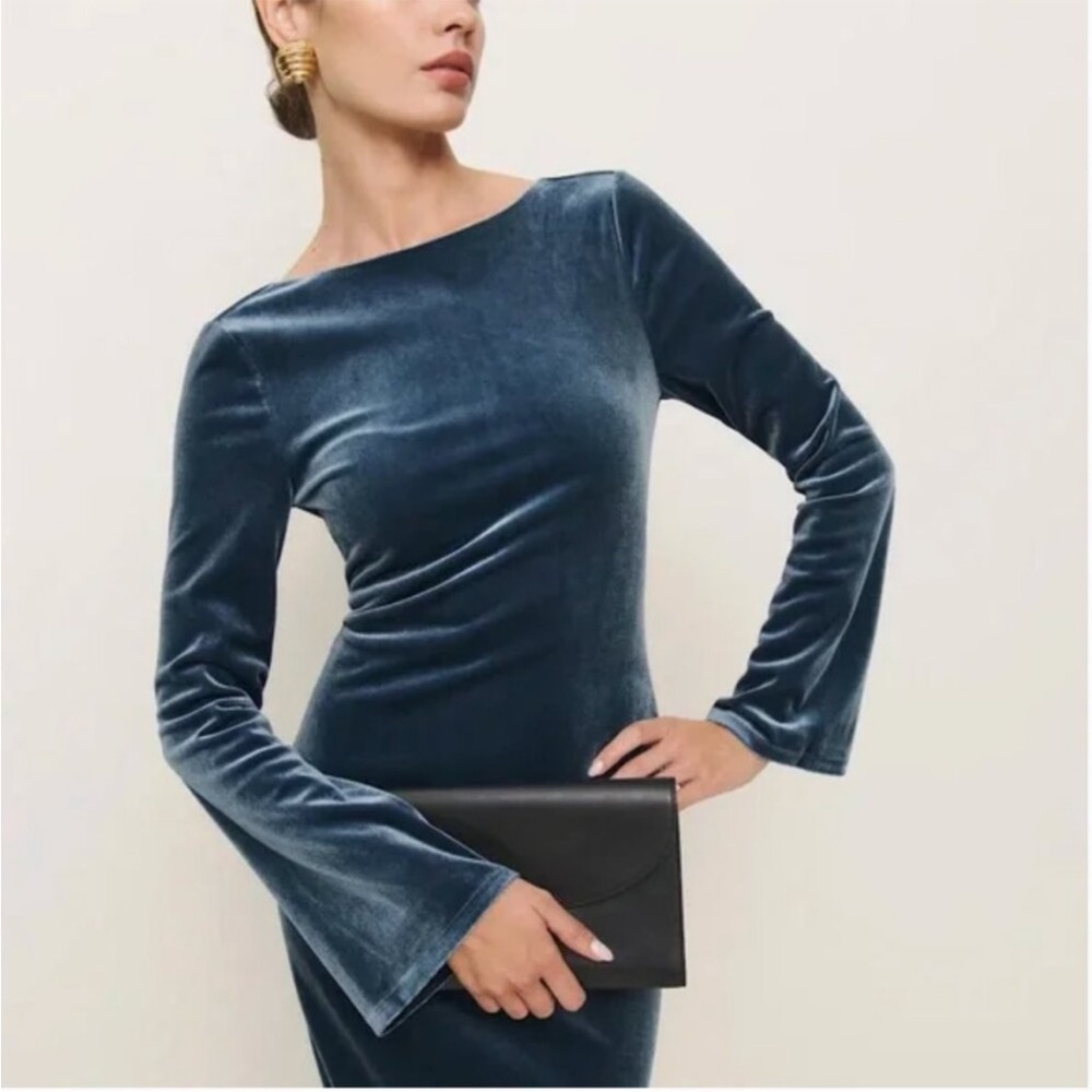 NWT Reformation large Delphina knit dress fog velvet blue midi open back formal